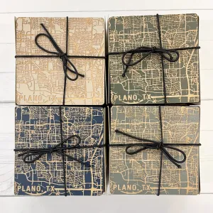 Plano Map Wood Painted Coasters Set of 4