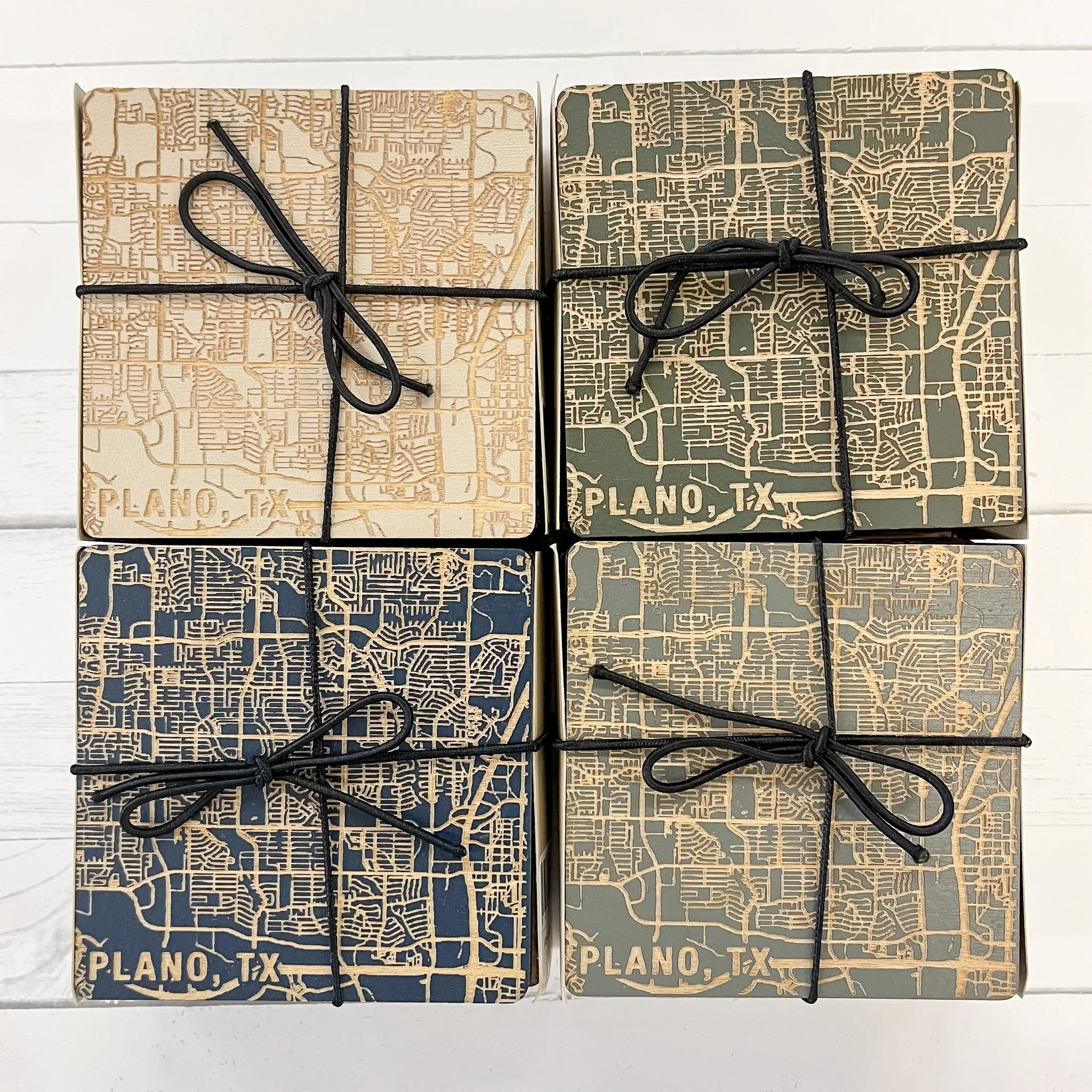 Plano Map Wood Painted Coasters Set of 4