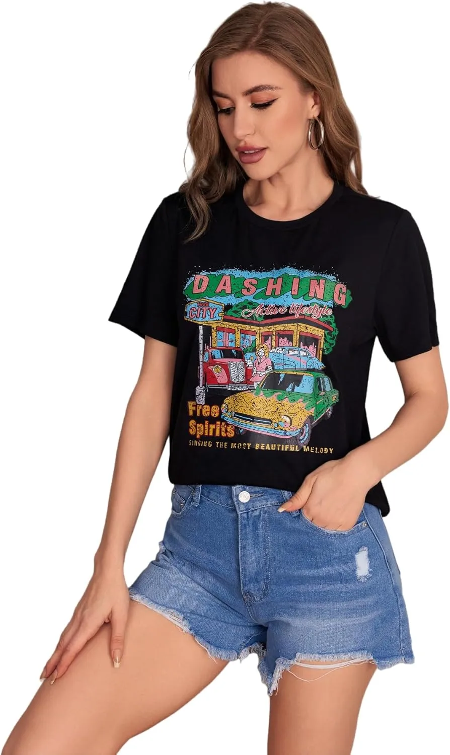 SOLY HUX Women's Car & Letter Graphic Print T-Shirt Casual Summer Short Sleeve Top