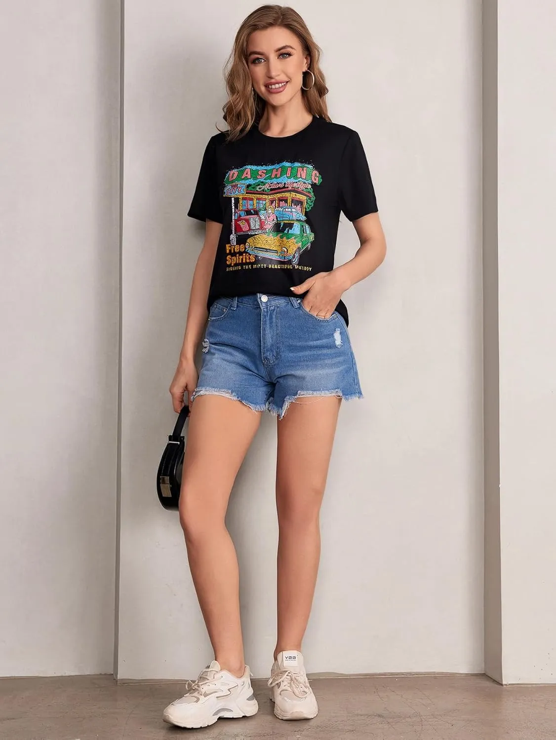 SOLY HUX Women's Car & Letter Graphic Print T-Shirt Casual Summer Short Sleeve Top